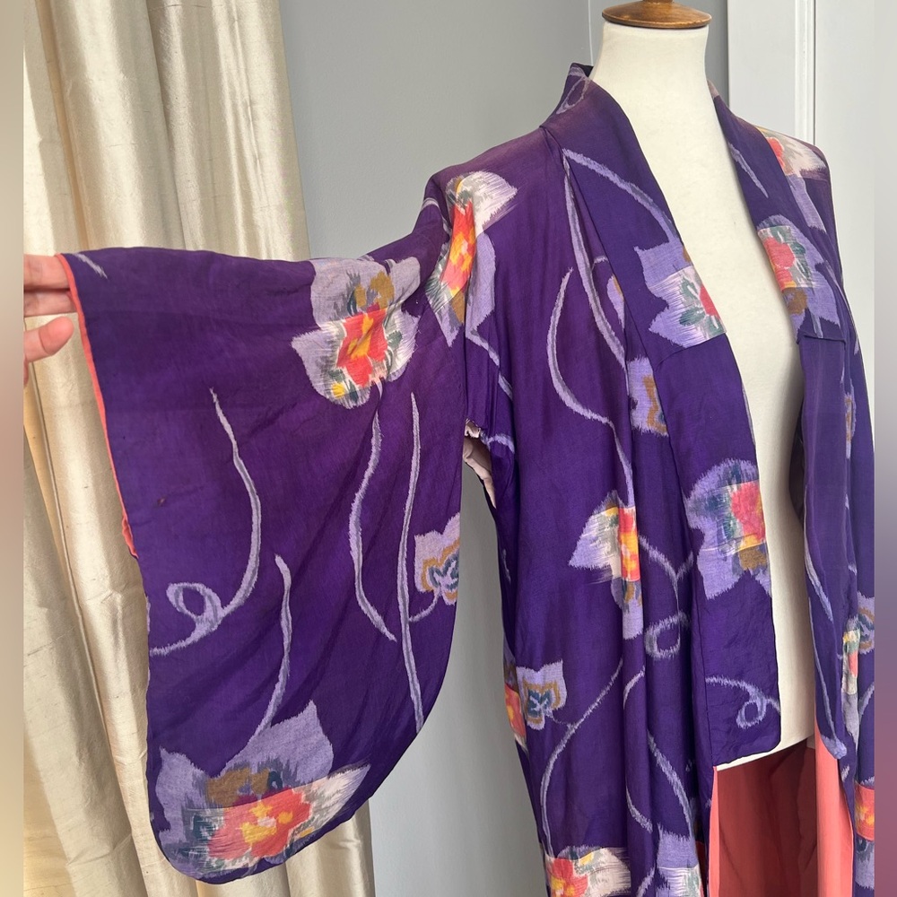 Vintage raw silk Purple Floral Kimono